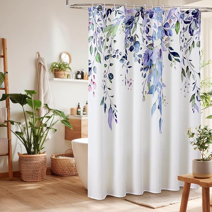 Colorful Star Green Eucalyptus Waterproof Shower Curtain Set with Hooks, Minimalist Watercolor Floral Print Bathroom Décor, Plant Leaves Washable Fabric Shower Curtain, 72 x 78 Inch