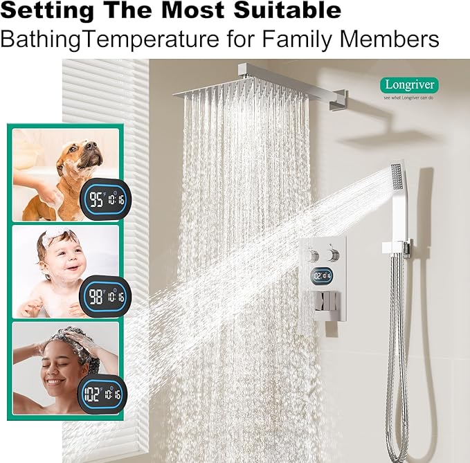 Push Button Diverter Shower Faucet Set Hydro Power Temperature Display, Shower System 12 Inch Shower Head with Handheld Spray, Wall Mounted Shower Fixtures with Valve and Trim Kit, Polished Chrome