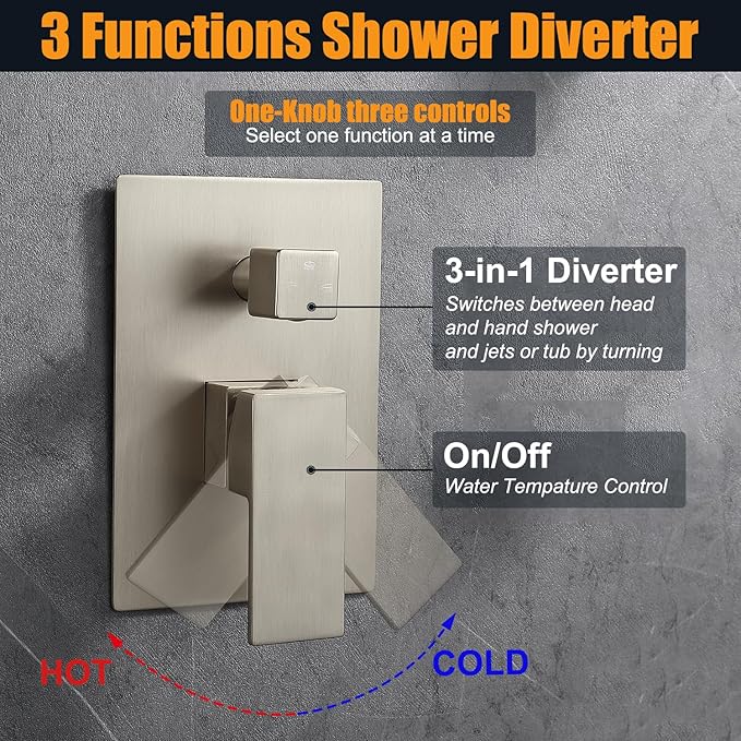Enga Rain Shower System with Body Jets, 12" Ceiling Rain Shower, All Metal Multiple Shower Head System, Contain Rough-in Shower Valve, Brushed Nickel