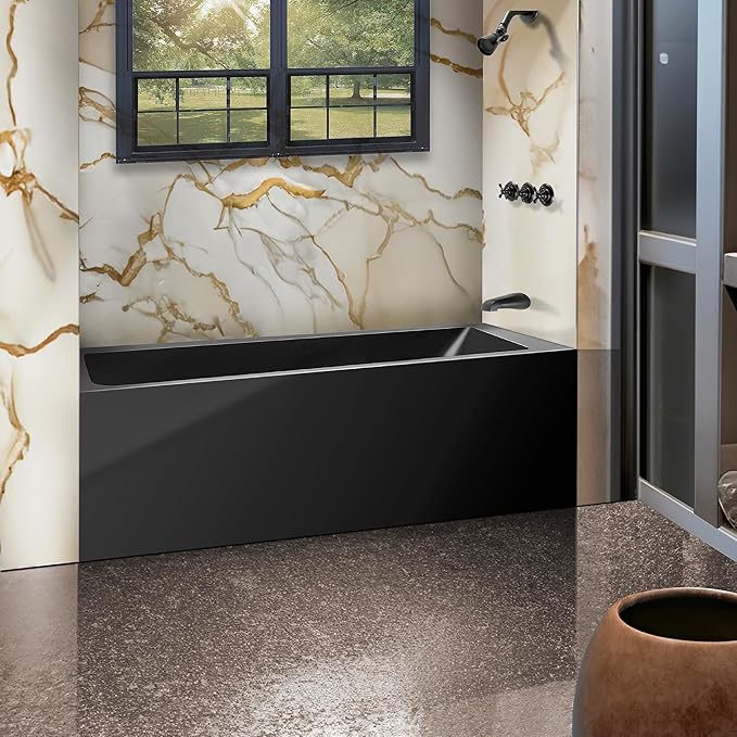 Fine Fixtures Acrylic, Fiberglass Alcove Soaking Bathtub with Integral Apron Front - Drain Included (60" x 30", Right Hand, Black)