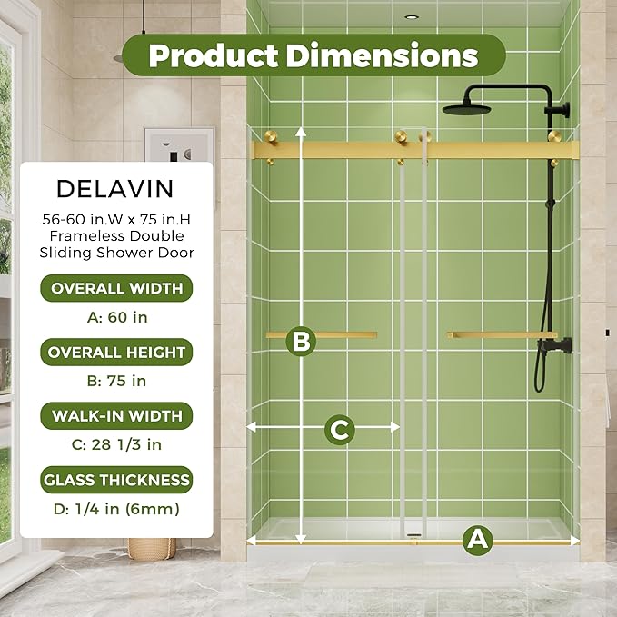 DELAVIN 56-60" W x 75" H Double Sliding Shower Door, Gold Frameless Shower Door, 1/4" (6mm) SGCC Tempered Glass, Noiseless Leak Proof Shower Doors with Square Rail, Stainless Steel, Aluminum