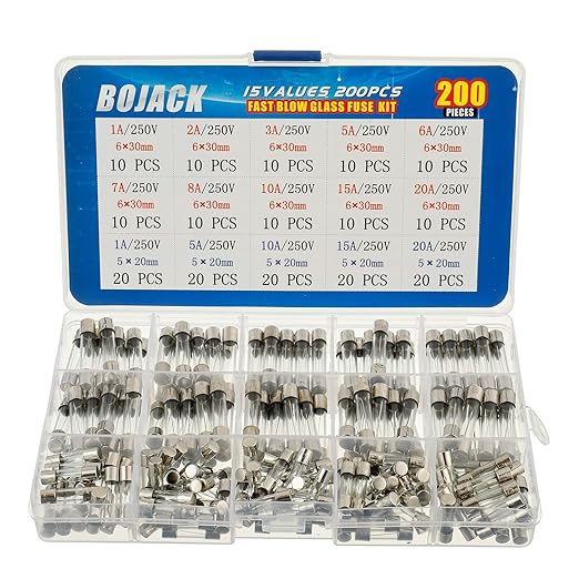 BOJACK 15 Values 200 pcs Fast-Blow Glass Fuses Assortment Kit 5x20mm 250V 1 5 by BOJACK