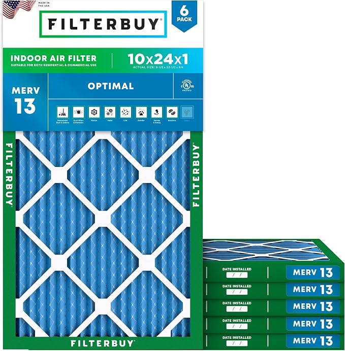 Filterbuy 10x24x1 Air Filter MERV 13 Optimal Smoke & Allergy Defense, by Filterbuy