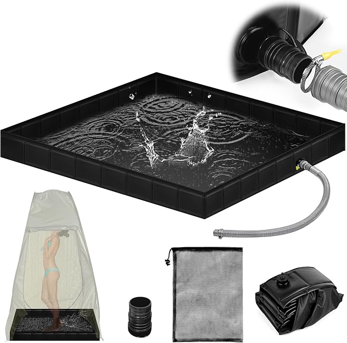 Upgraded Portable Shower Pan 41"x41"x5" - Heavy-Duty Non-Slip Base with Drain Hole & Mesh Storage Bag | Collapsible Camp Shower Tray for RV, Beach, Glamping | Leakproof Outdoor Bath Floor