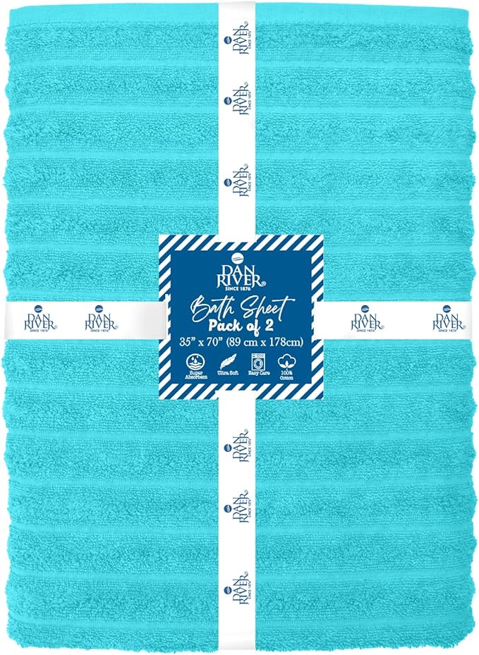 DAN RIVER Pack of 2 Bath Sheet 35x70 Inches, Ribbed Jumbo Bath Sheets for Adults, Thick and Absorbent Large Towels - Aqua