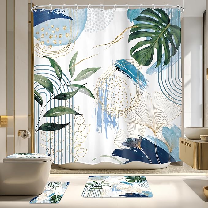 4 PCS Blue Boho Shower Curtain Set 72Wx72H Non-Slip Bath Rug Toilet Lid Cover and U Shape Mat Navy Modern Tropical Palm Leaves Complete Bathroom Set Accessories with 12 Hooks Bathroom Decor