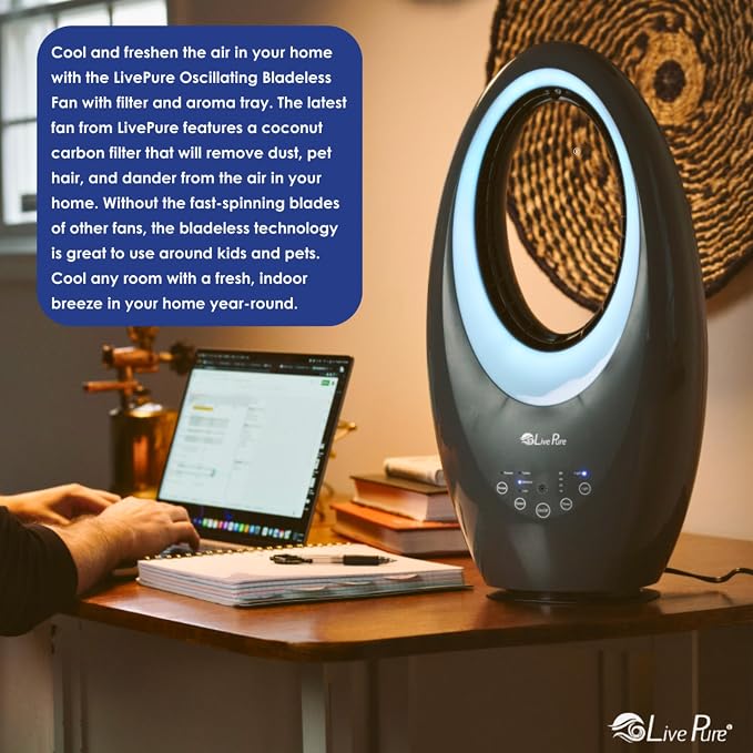 LivePure Bladeless Oscillating Fan w/Filter and Aroma Tray. 3-Speed Adjustment - Image 7