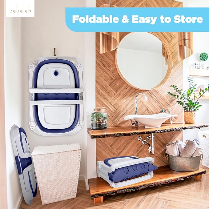 BEBELEH™ Collapsible Baby Bathtub – Bathtub + Baby tub Sling + Newborn Sling – Baby Bathtub Newborn to Toddler 0-24 Months – The Ultimate Travel Baby Bath Tub and Everyday Use! (Blue)