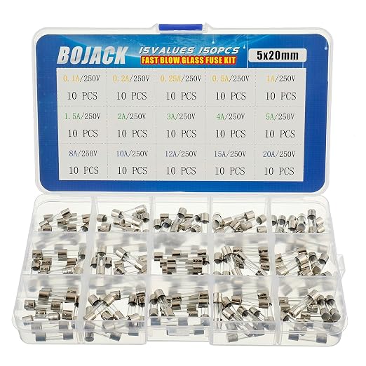 BOJACK 15 Values 150 pcs Fast Blow Glass Fuses Assortment Kit 5x20 mm 250 V 0.1 by BOJACK