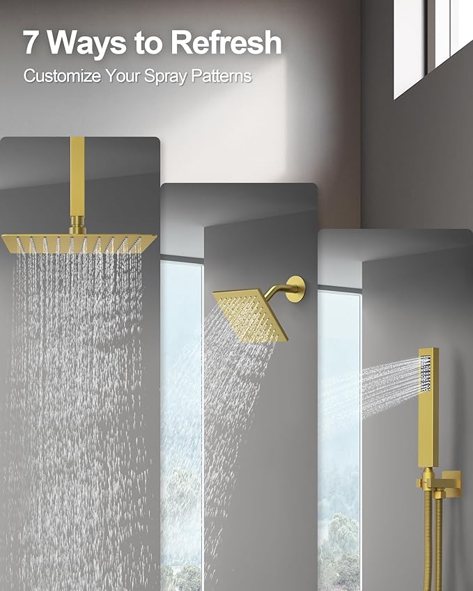 Thermostatic Shower System, Dual Rainfall Shower Heads for Ceilling & Wall Mounted with Handheld Sprayer, Brushed Gold