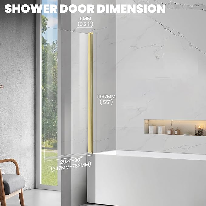 Frameless Tub Shower Door, Clear Tempered Glass Bathroom Shower Door 30" W*55" H, Hinged Foldable Bathtub Screen with Brushed Gold Wall Profile Support