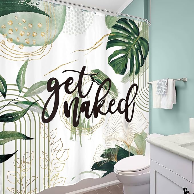 Green Boho Shower Curtain 72Wx72H Sage Green Golden Get Naked Abstract Minimalist Aesthetic Bohemian Bathroom Decor Modern Contemporary Plant Neutral Bath Curtain Fabric Polyester 12 Pack Hooks