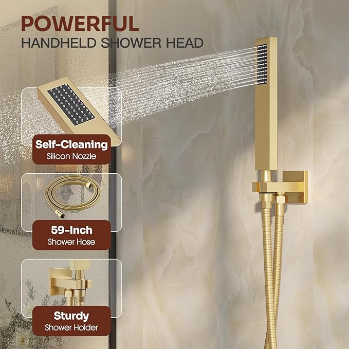 Ceiling Mount Shower System, Gold Shower Faucet Set with 12-Inch Rain Showerhead and Handheld Spray Combo, High-Pressure Showerheads Set with Valve and Trim Kit, Brushed Gold