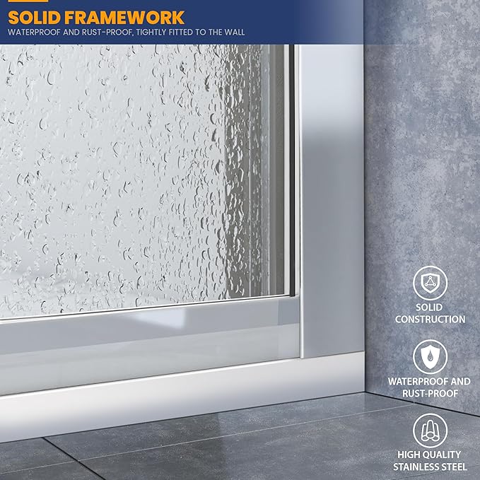 Glass Shower Door Screen, 34"" W x 74"" H Semi-Framed Fixed Shower Glass Door in Silver with 5/16""(8mm) Clear Tempered Glass Door, Simple Single Panel for Bathroom