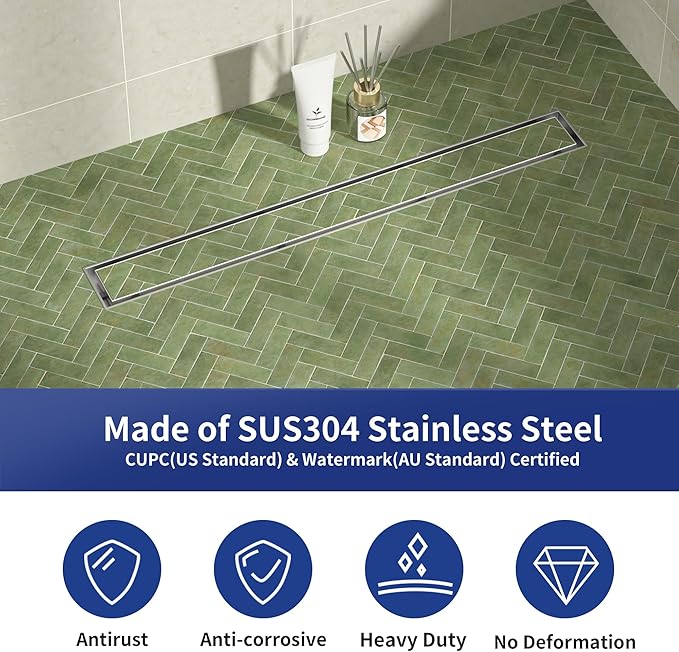 Linear Shower Drain 24", Brushed Floor Drain with Tiled Insert Grate & Hair Strainer, 304 Stainless Steel Bathroom 2-in-1 Tiled in Drain, CUPC Certified (Brushed, 24'')