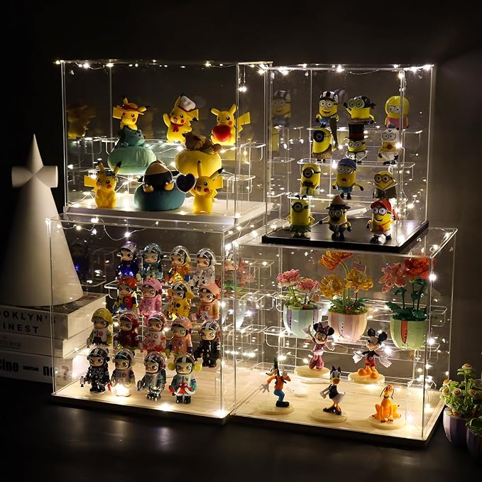 Choowin 5 Tier Clear Acrylic Display Case for Collectibles, Mini Figures, Pop Mart, Labubu, Sonny Angel, Smiski - Assemble Dustproof Acrylic Display Box with Door, Stand (White Base, Clear Step)