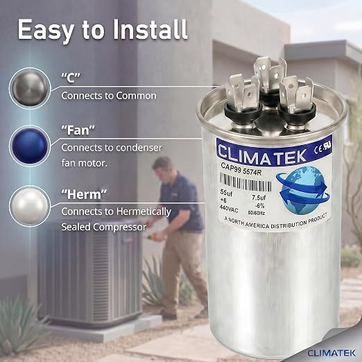 ClimaTek 55 + 7.5 MFD 370/440 Volt Dual Run Capacitor CAP99-5574R | 55/7.5 | - Image 3