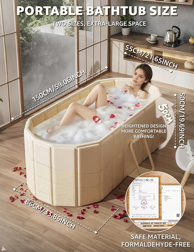 Portable Bathtub Ice Bath Tub - Foldable Collapsible Bathtub for Adult Shower Bathroom Hot SPA Soaking Cold Plunge Tub Freestanding Bathtub 59"Lx22"Wx20"H White