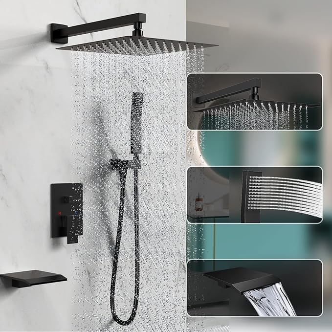 Shower System Rain Shower Faucet Set with Tub Spout,10 inch Bathroom Wall Mounted Waterfall Bathtub Faucet with Handheld Spray and Rough-in Valve Body and Trim kit,Matte Black