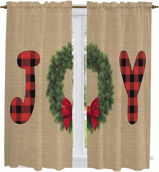 Red Green Christmas Window Curtains 63 Inch Long 2 Panel Set, Rod Pocket - Image 2