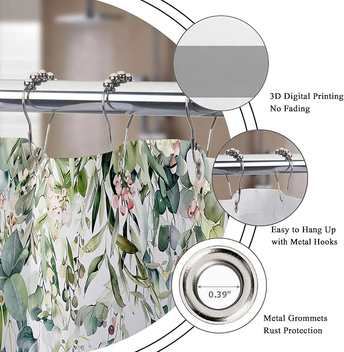 Riyidecor Clawfoot Tub Extra Wide Shower Curtain for Bathroom Decor 180Wx70H Green Eucalyptus Leaves Plants Wrap All Around Circular Round Art Printed Fabric Polyester Waterproof 32 Pack Metal