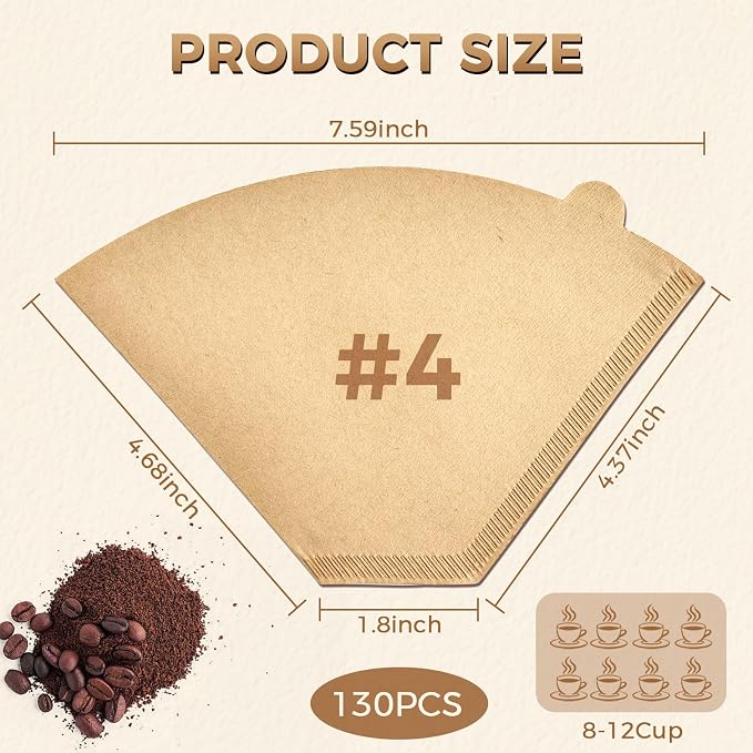 130 Count #4 Cone Coffee Filters 8-12 Cup, Unbleached Natural Paper, Disposable - Image 2