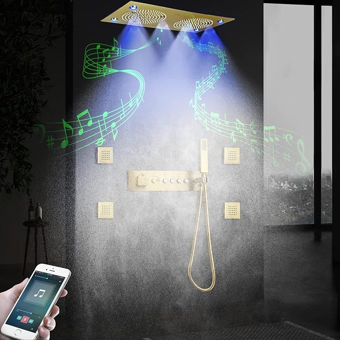 Brushed Gold Thermostatic Rain LED Shower System With Spa Body Jets, 12.5X24.5 Inch Large Horizontal Rectangle Ceiling Shower Head, Double Bath Shower Set Flow Can Be Controlled