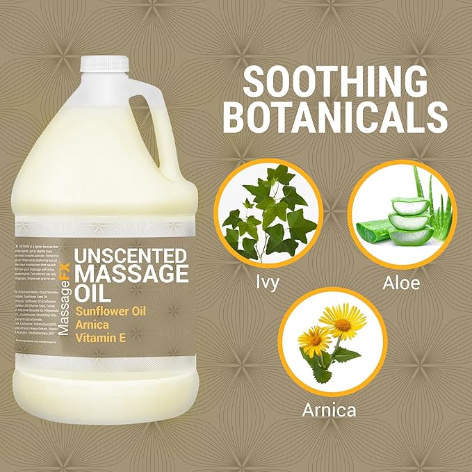 Massage Oil by Massage FX - 100% Pure Sweet Almond & Sunflower Seed Oil - Vitamin E - Ivy, Arnica & Aloe - Unscented - Perfect for a Full Body Massage, Maximum Friction - Paraben Free - 1 Gallon