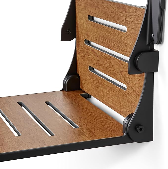 Seachrome Silhouette Comfort Folding Wall Mount Shower Bench Seat with Arms, Rustic Teak Seat with Matte Black Frame