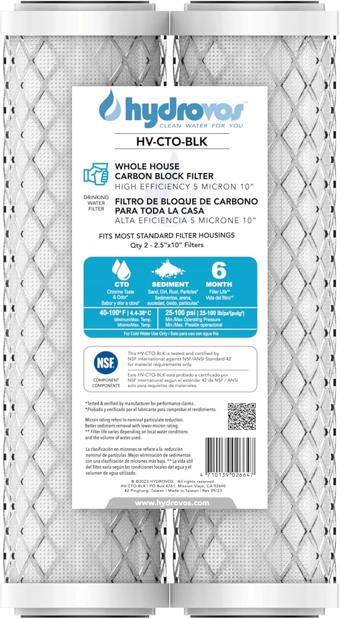 HYDROVOS CTO Carbon Block 5-Micron Sediment Water Filter, NSF Certified by Hydrovos