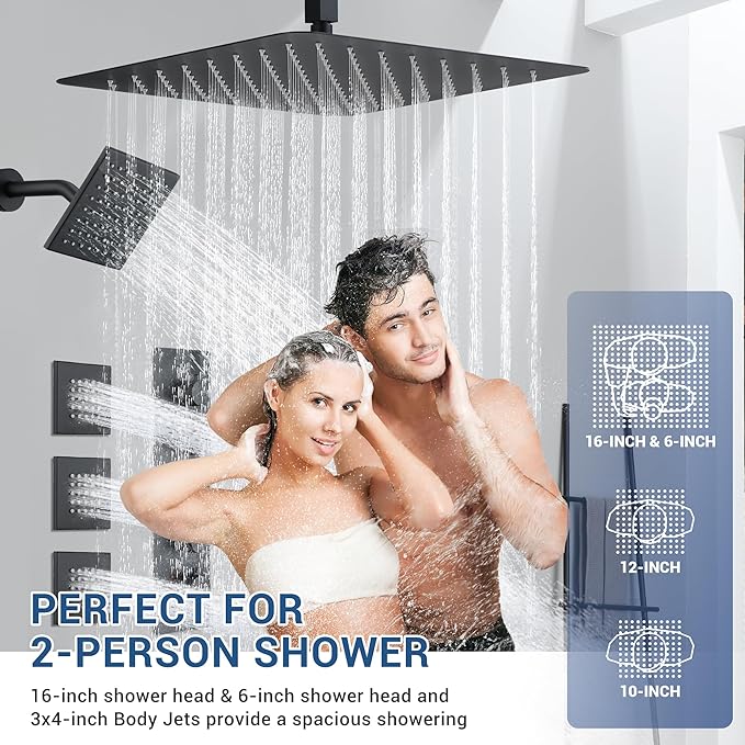 Matte Black Thermostatic Shower System with Body Jets, Ceiling 16” Rainfall Shower & Wall Mount 6-Inch Shower Head Luxury Shower Faucet Set with Handheld Spray, Dual Shower Heads Set
