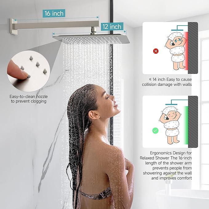 SR SUN RISE Shower Faucet Set & System - 12 Inch Rainfall Shower Head & Handle Set Wall Mounted Brushed Nickel Solid Brass Valve Trim Kit Included