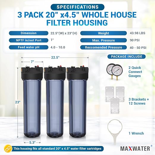 Max Water Whole House 20" x4.5" Purple Clear WH Water Filter Housing 1 inch - Image 2
