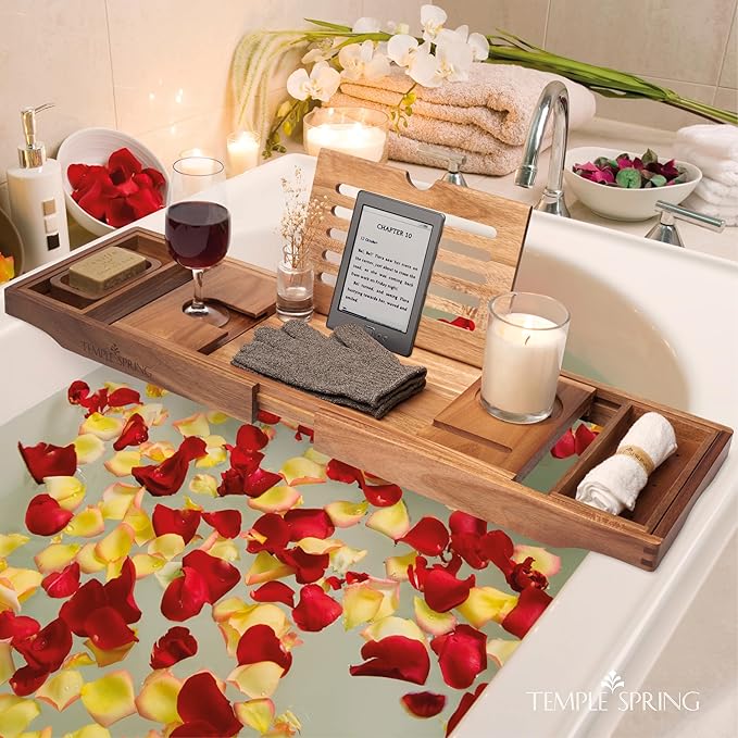 Temple Spring Wooden Bathtub Tray, Acacia Bathroom Accessories, Bath Tray for Tub, at Home Spa Essentials, Board for Tub Table, Bath Caddy for Bathtub Accessories & Bathroom Essentials - Not Teak