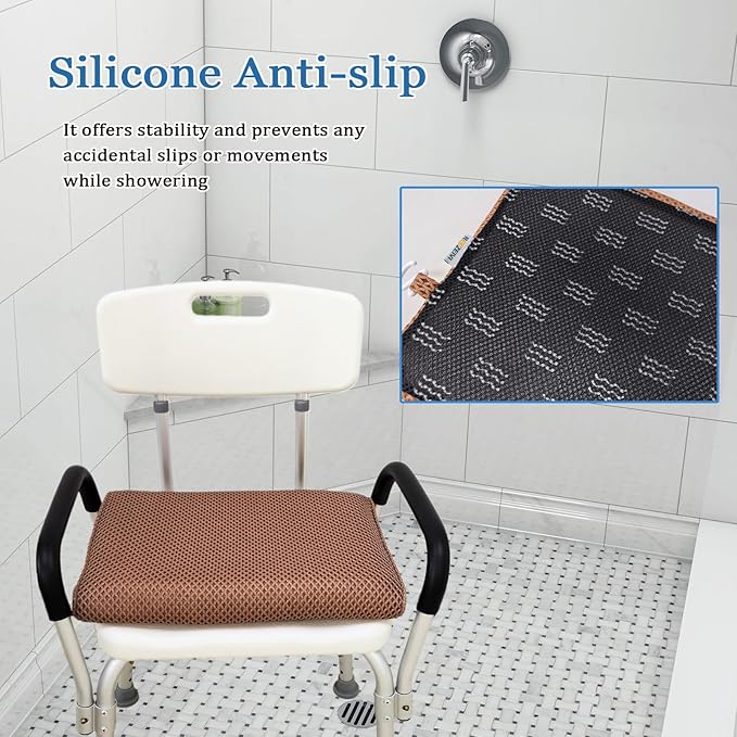 REEZEIVI Shower Seat Cushion with Non-Slip Silicone Bottom,Soft 4D Mesh Fabric,Bathtub Chair Pad for Elderly,Quick Drying and Washable Shower Mat, Design for Elderly, Senior, Handicap,Disabled,Brown