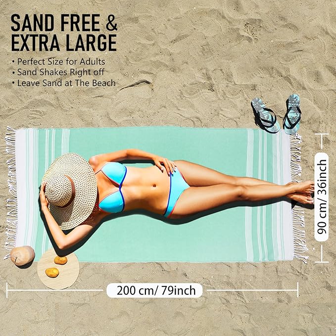 4 Pack Cotton Turkish Beach Towel Lightweight Thin Travel Vacation Essentials Oversized XL Towels Set for Pool Swim Bath Camping Cruise Accessories Must Haves Absorbent Quick Dry Sand Proof Gifts
