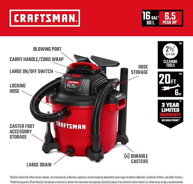 CRAFTSMAN CMXEVBE18595 16 Gallon 6.5 Peak HP Wet Dry Vac, Heavy-Duty Shop - Image 2