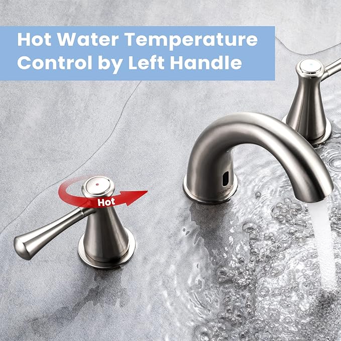 Touchless Bathroom Faucet for 3 Holes with 3 Handles, Controlling Temperature & Adjustable Water Flow, Short & Long Induction Modes, Auto Motion Sensor Brushed Nickel Bathroom Faucet Set 29180