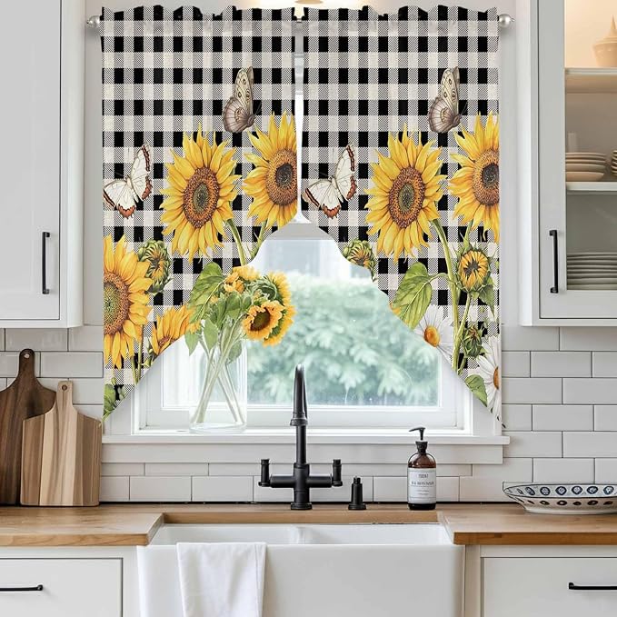 Sunflowers Swag Valances for Windows, Small Window Curtains Swag for Cafe - Image 2