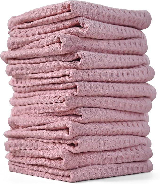 Cleanbear 100% Cotton Washcloths for Showering, 12 Pack, Pale-Pink Wash Cloths, Lightweight and Quick Drying Towels for Bathroom (13 x 13 Inches)
