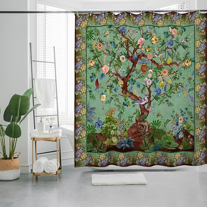 Bohemian Shower Curtain, Boho Floral Print Water Repellent Polyester Fabric for Bathroom Decor, 72×72 Inch Standard Size with 12 Hooks, Also as Room Divider