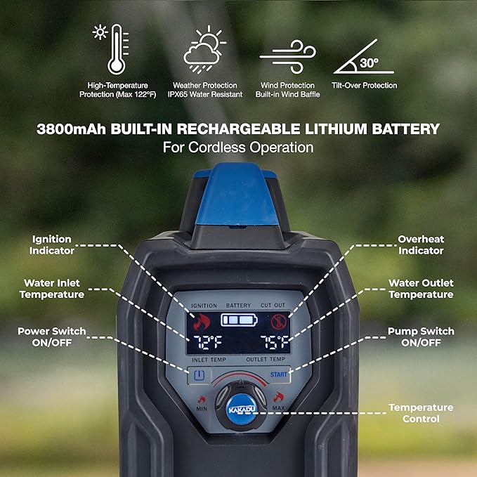 Kakadu Portable Camping Outback Shower, Instant Hot Water for Outdoor Use - Slimline Design, Rechargeable Lithium Battery, Adjustable Shower Head, Slim Pump, Digital Display