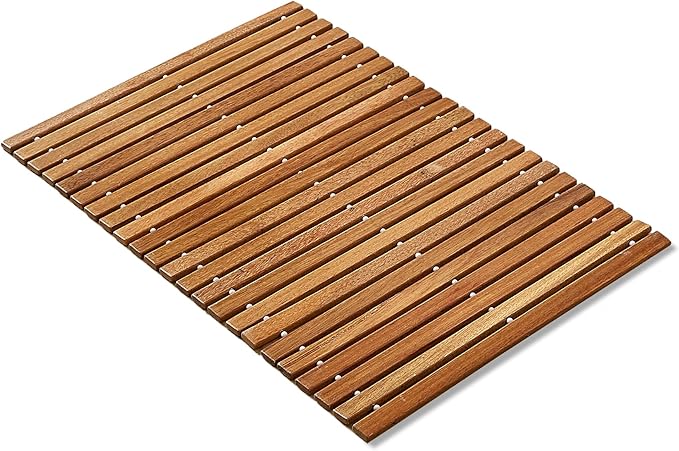 OLDTREE 15.78" W x 23.62" L Foldable Teak Shower Mat, Non Slip, Luxury Wood Bathroom Mat for Spa Home,Indoor or Outdoor