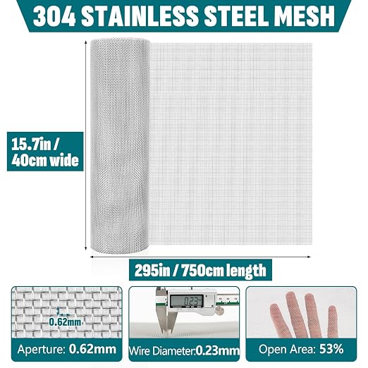 30 Mesh 304 Stainless Steel Mesh Screen, 15.7'' x 295'' Wire Screen Mesh - Image 2