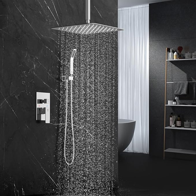 SR SUN RISE 16 Inches Polished Chrome Shower Faucet System Bathroom Luxury Rain Mixer Shower Faucet Set Ceiling Mounted Rainfall Shower Head Set (Contain Shower Faucet Rough-In Valve Body and Trim)