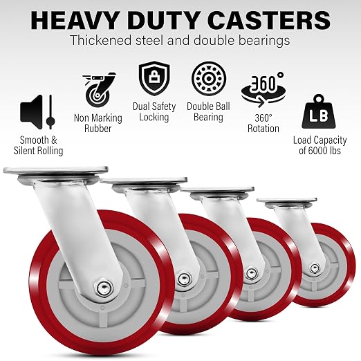 6 Inch Heavy Duty Casters Set of 4, Lockable Plate Caster Wheels - Image 3