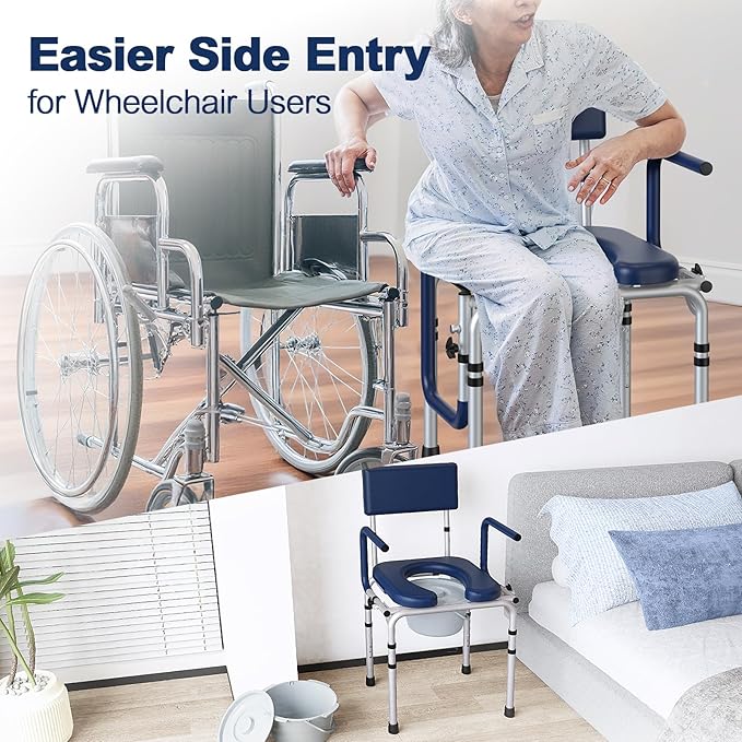Drop Arm Bedside Commode, Commode Toilet with Padded Seat and Backrest, 400lbs Capacity, 6.3QT Removable Bucket and Splash Guard, Adjustable Height Portable Toilet for Adults, Blue