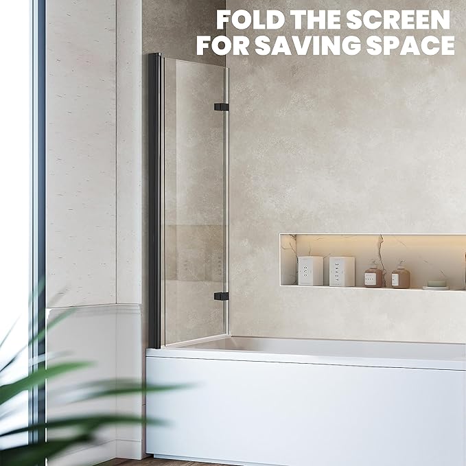 Bathtub Folding Shower Glass Door, 36" W*55" H Pivot H-Type Frameless Tub Shower Door, Clear Tempered Glass Shower Screen Panel for Bathroom, Matte Black