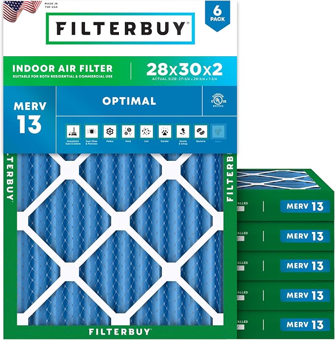 Filterbuy 28x30x2 Air Filter MERV 13 Optimal Smoke & Allergy Defense, by Filterbuy