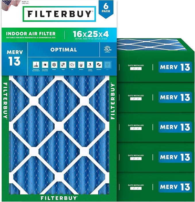 Filterbuy 16x25x4 Air Filter MERV 13 Optimal Smoke & Allergy Defense, by Filterbuy